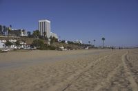 a group of people on a beach next to the ocean and a resort on the horizon