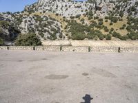 the shadow of a person in a parking lot, looking at a rock wall with a tree on top