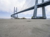 a person is riding their bike under a bridge on the beach in the background are buildings and water