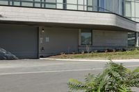 a person riding a skateboard near the road next to a building and bushes, with the back door closed