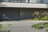 a person riding a skateboard near the road next to a building and bushes, with the back door closed