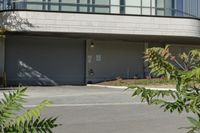 a person riding a skateboard near the road next to a building and bushes, with the back door closed