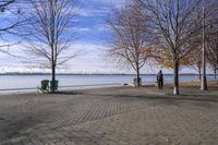 a person walking a dog next to a bench near the water with trees in the background