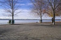 a person walking a dog next to a bench near the water with trees in the background