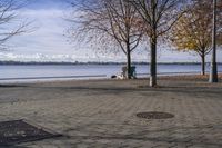 a person walking a dog next to a bench near the water with trees in the background