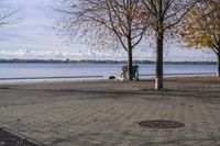 a person walking a dog next to a bench near the water with trees in the background