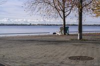 a person walking a dog next to a bench near the water with trees in the background