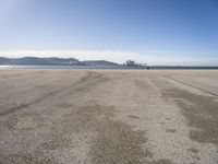 there is a person walking across the beach on a sunny day at the seaside shore