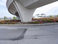 a person walking under an overpass over a paved road near flowers and traffic lights