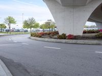 a person walking under an overpass over a paved road near flowers and traffic lights