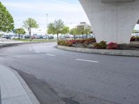a person walking under an overpass over a paved road near flowers and traffic lights