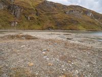 there is a large body of water on the shore of the beach with rocks and small grass