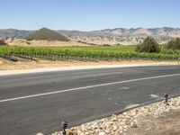 a rural view with a road and fields in the background and mountains in the distance