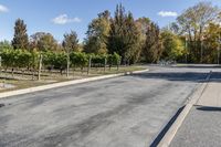 a paved roadway in an empty field area with parked bikes on either side of it