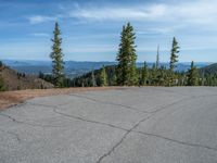 the curved road is near an evergreen mountain side area with rocks and trees in winter