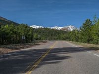 an empty road with lots of trees in the background in the wild region of colorado