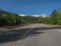 an empty road with lots of trees in the background in the wild region of colorado