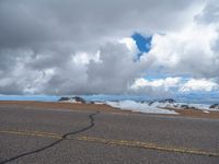 an empty road with snow and mountains in the back ground under cloudy skies on a sunny day