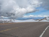 an empty road with snow and mountains in the back ground under cloudy skies on a sunny day