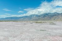 the sand is very pink in this landscape with mountains in the distance and a lot of water in the middle of the land