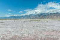 the sand is very pink in this landscape with mountains in the distance and a lot of water in the middle of the land