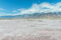 the sand is very pink in this landscape with mountains in the distance and a lot of water in the middle of the land