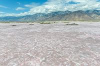 the sand is very pink in this landscape with mountains in the distance and a lot of water in the middle of the land