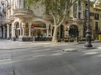 a person skateboards across a street near buildings and a tree in front of a building