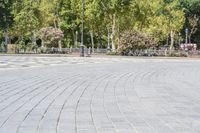 an empty, circular stone walkway with benches along side it and green trees lining both sides