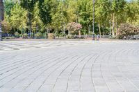 an empty, circular stone walkway with benches along side it and green trees lining both sides