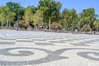 a walkway has black and white patterns on it in a park with trees in the background