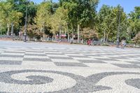 a walkway has black and white patterns on it in a park with trees in the background