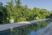 a pool surrounded by greenery on a clear day with trees lining the side, a stone wall and concrete planters next to it