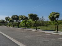 a road with trees in the parking lot of it next to a grass field and a fence