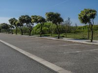 a road with trees in the parking lot of it next to a grass field and a fence