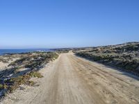 a dirt road on the sea shore with a blue sky background and clear water to the left