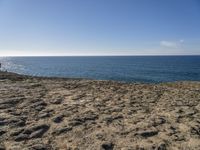 a beach with footprints on the sandy ground, and the ocean in the background with the blue sky