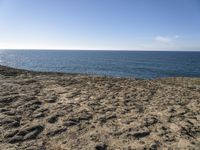 a beach with footprints on the sandy ground, and the ocean in the background with the blue sky