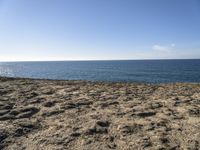 a beach with footprints on the sandy ground, and the ocean in the background with the blue sky