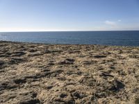 a beach with footprints on the sandy ground, and the ocean in the background with the blue sky