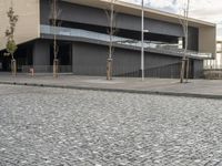 an empty parking lot with several trees next to it and the building is very large