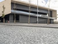 an empty parking lot with several trees next to it and the building is very large