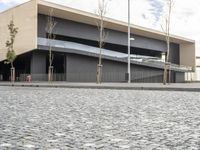 an empty parking lot with several trees next to it and the building is very large