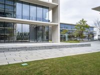 large, modern building with glass windows on one level, grassy, and concrete benches on the other side