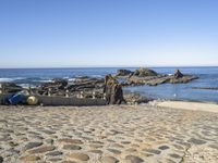 a sea beach area with various rocks, stones, and the ocean in the background