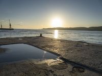 an orange sun shines in a blue puddle on the beach at low tide, and the water has reflectioning