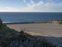 a view of the ocean with the curved road beside it, and to the left of the road is the coastline and to the right