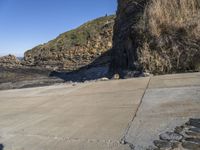 a cat lies near the edge of a beach and cliffs in the background are many sea rocks