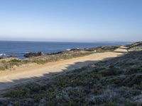 a long empty road and dirt path near the ocean on a clear day with a few people sitting on it