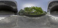 a fish eye view of some concrete buildings and trees on the other side of a road